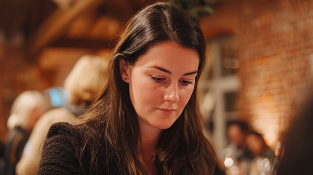 Pensive young woman with long dark hair focusing on her task in a warm indoor setting