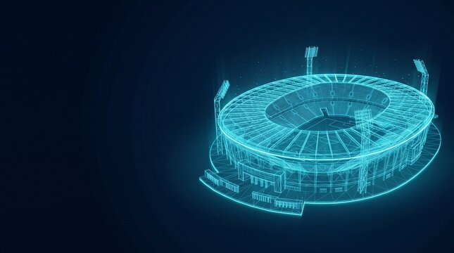 Futuristic sports stadium arena digital hologram wireframe blueprint illustration with architecture blueprint wireframe hologram futuristic technology abstract