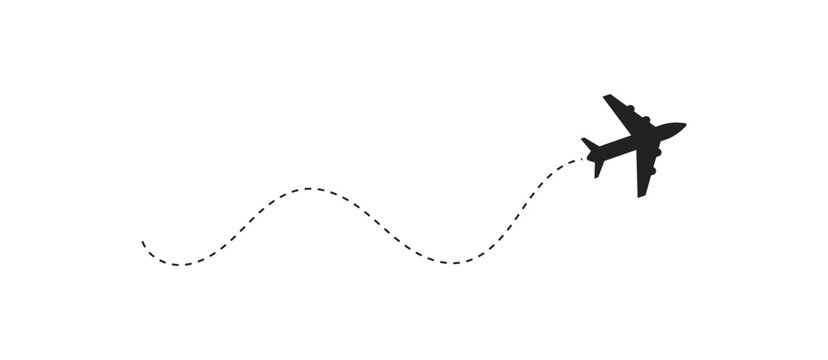 airplane flight with dotted route path icon. Flight path curve dot line. Aircraft dotted wavy route elements for travel interface, navigation