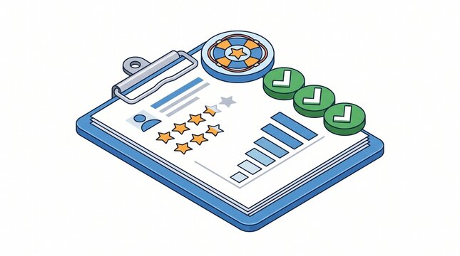 Isometric clipboard checklist report with rating stars and checkmarks graphic icon vector