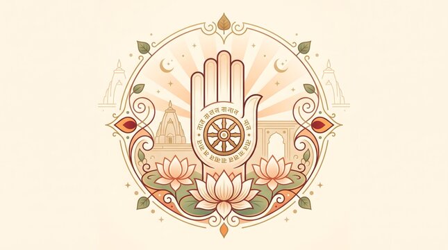 Jain ahimsa hand symbol with wheel and lotus flowers in soft beige aesthetic design for peace and non-violence posters.