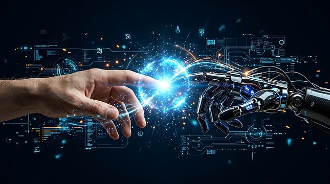 Robotic hand touching human finger representing advanced artificial intelligence digital connection