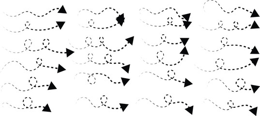 Fototapeta premium Hand drawn dotted curved and spiral line arrow set. Dashed line wavy arrows and loop path symbols for infographic decoration.