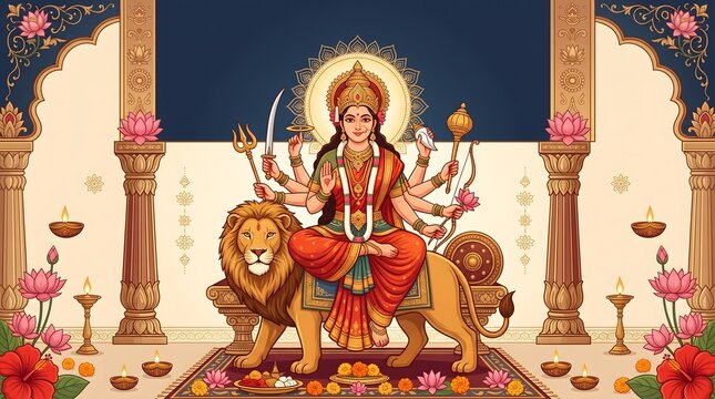 Goddess durga riding lion with weapons and sacred oil lamps for navratri and durga puja festival celebration.