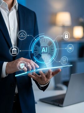 Business person in a suit using a tablet with a glowing artificial intelligence interface showing for cloud, bank, security, and robot