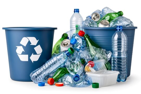 Recycling bins with plastic bottles, cans, and waste