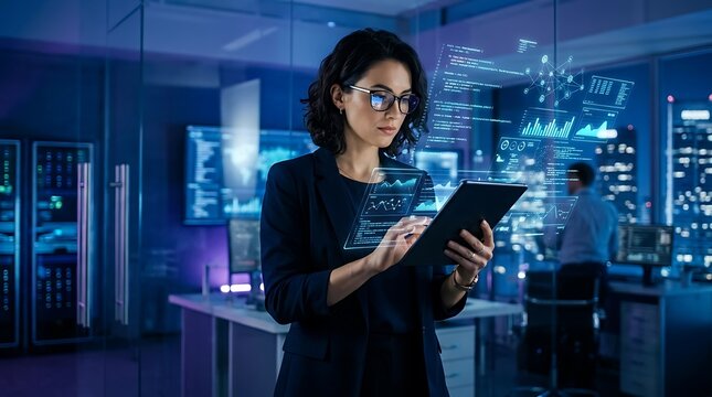 Professional female engineer analyzing complex digital data using advanced tablet technology