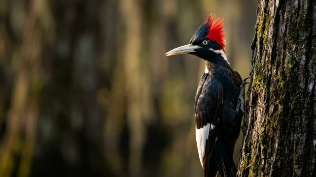ivory billed woodpecker close up at morning light in cypress swamp louisiana usa video