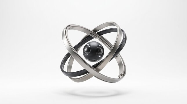Futuristic silver atom model with metallic rings. Abstract 3d science symbol on white background. Chrome atomic structure for physics and technology.
