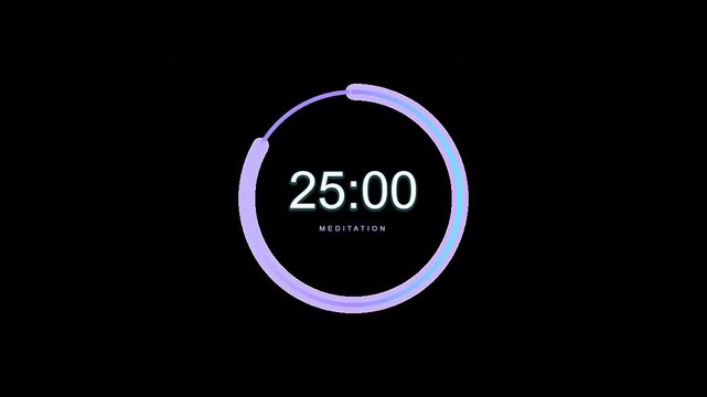 25 Minute Digital Meditation Timer and Circular Progress Countdown Graphic on Black Background