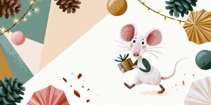 Cute Christmas Mouse Carrying Gift Among Festive Decorations
