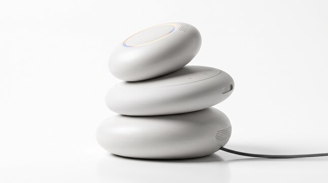 Minimalist white smart speakers stacked in zen stone arrangement. Modern wireless audio devices. Sleek electronic gadgets for home decor.