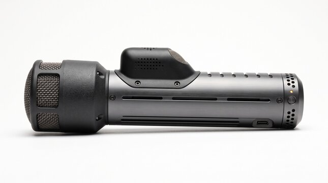Tactical LED flashlight on white background, metallic gray torch for outdoor survival, professional portable lighting equipment