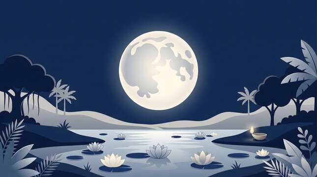 Serene moonlit night landscape with lotus flowers floating on quiet river waters.