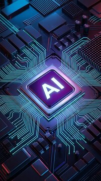 Artificial intelligence concept with a glowing ai on a central computer chip surrounded by intricate blue circuit board pathways
