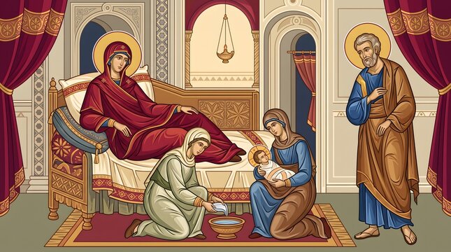 Classic Byzantine icon style painting depicting Nativity of Virgin Mary with Saint Anne and Saint Joachim.