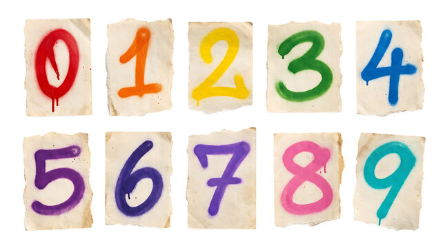 Set of colorful hand written numbers from zero to nine on old vintage torn paper scraps for design and education