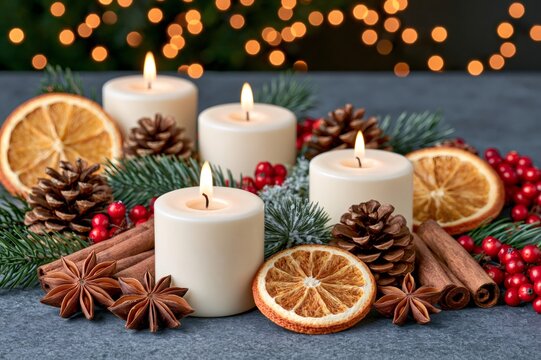 Advent candles burning with Christmas spices and evergreen branches