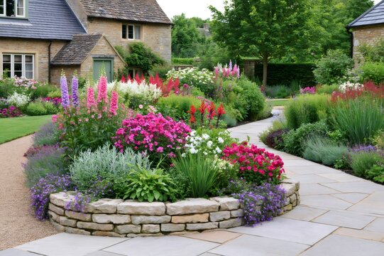 Cotswolds garden path winding through summer flowers