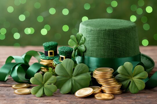 St. Patrick's Day celebration with leprechaun hat, shamrocks, and gold coins