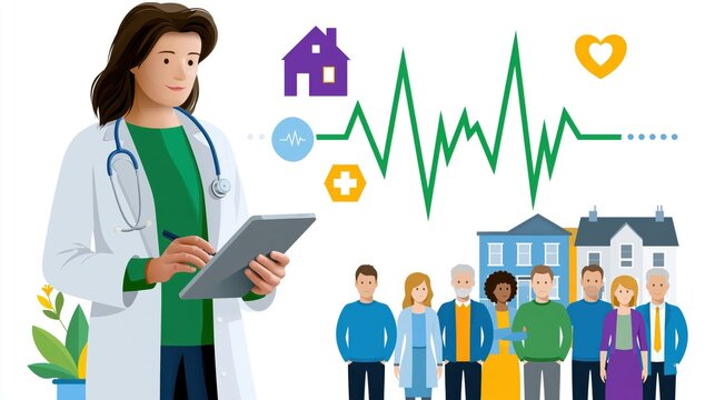 Female doctor with tablet reviewing patient demographics and health metrics in a modern healthcare setting