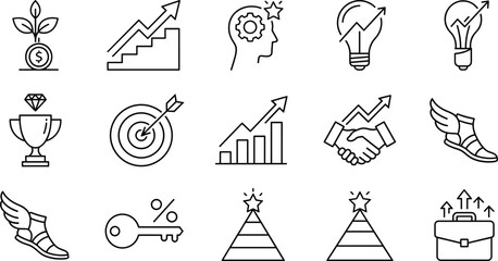 Fototapeta premium Business Growth and Strategy Line Icon Set with Financial Charts Trophy Target Handshake Lightbulb and Winged Sandal Symbols for Corporate Success Branding Graphic Design Elements