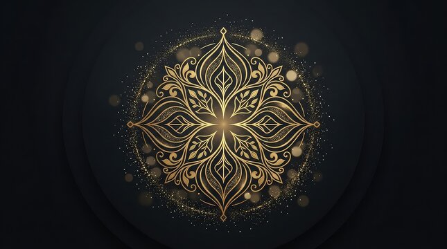Golden ornamental mandala pattern on dark background with glowing sparkles