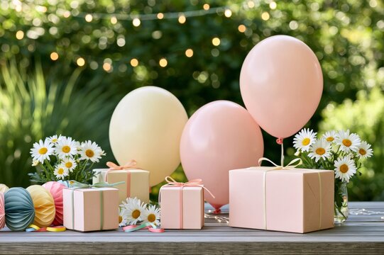 Birthday celebration with gifts and balloons outdoors