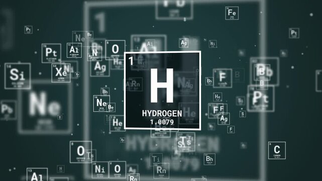 Periodic Table Element Hydrogen Centered with Chemical Formula Symbol Against Faded Blurred Elements Background for Chemistry Science Education, Technology, and Laboratory Motion Graphics.