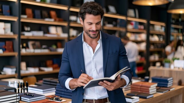 Professional man writing notes in bookstore