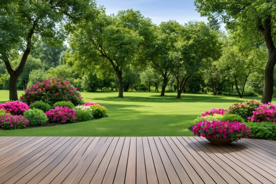 Wooden deck overlooking lush green garden with blooming flowers