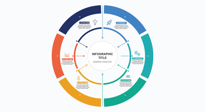 Modern circular infographic chart template with six colorful concentric ring segments linear business icons and central title presentation layout vector