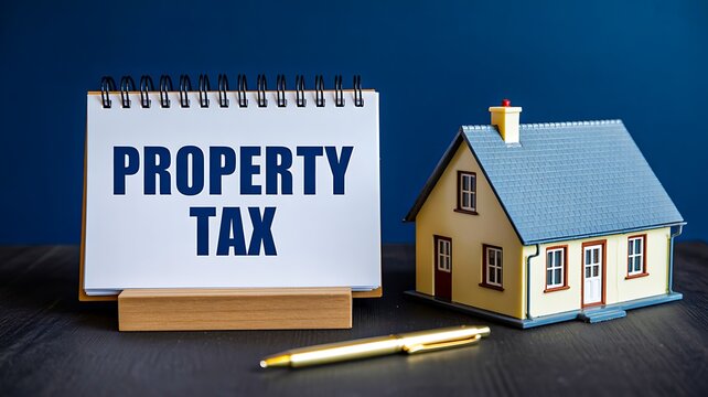 Property tax concept with house model, document and pen representing real estate expenses