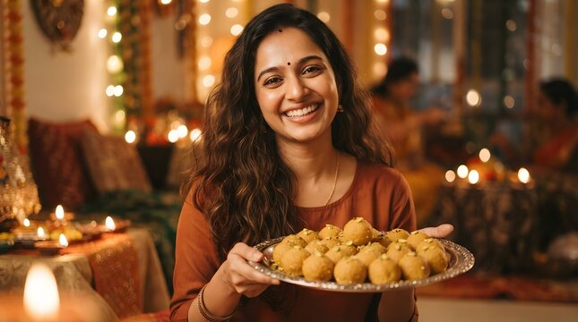 Happy indian woman holding a silver platter of traditional sweets during a diwali celebration