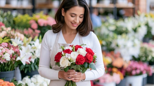 Woman florist holding beautiful red and white rose bouquet