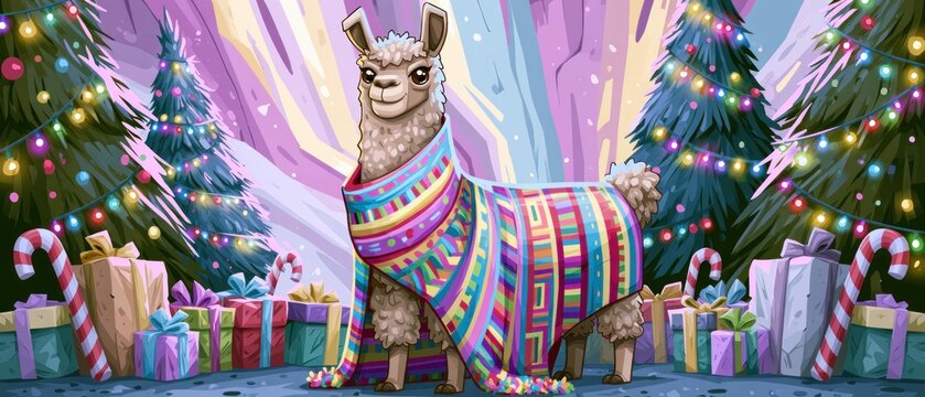 Colorful Christmas Llama Surrounded by Gifts and Lights