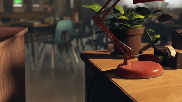 A red desk lamp stands next to a potted plant on a wooden desk. In the background, blue chairs are set around tables in a classroom during school hours.