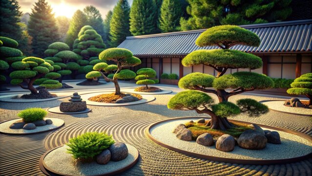 Raked gravel zen garden pruned bonsai trees inspiration traditional japanese rock gardens copy space