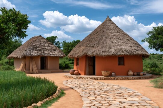 Traditional African village huts with thatched roofs