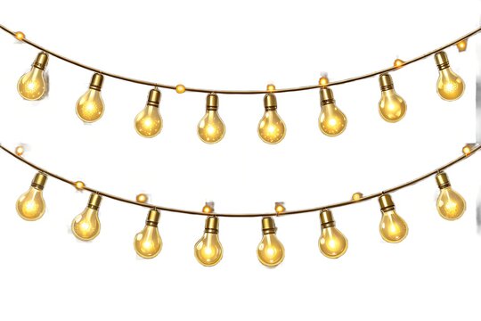 Glowing decorative string lights with vintage golden bulbs hanging in rows on transparent background