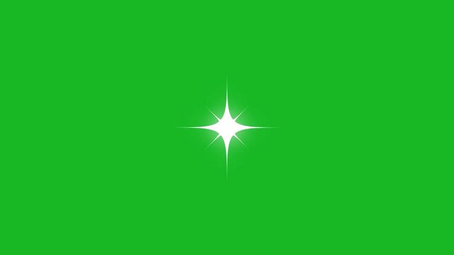 Single glowing star sparkle shine animation, bright white light flare twinkling effect glowing on transparent green screen background, magical shimmer overlay 4K