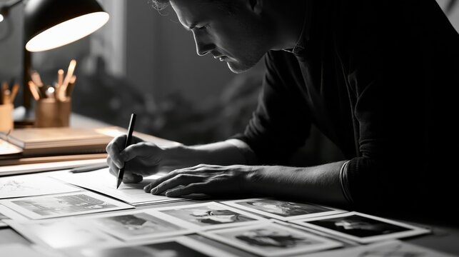 Artist concentrating intently while sketching designs on paper at a desk with warm lamp light