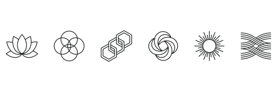 Abstract geometric line art icons set, lotus flower, overlapping circles, hexagon chain, spiral vortex, sunburst, woven pattern, minimalist vector illustration.