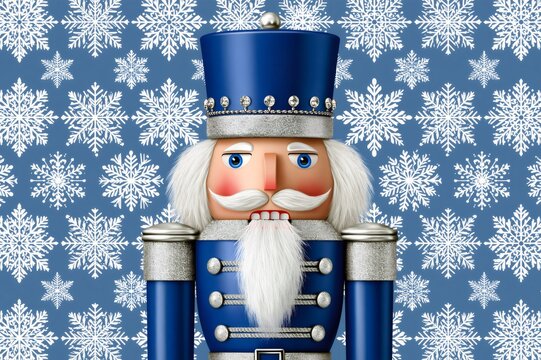 Blue nutcracker soldier against snowflake pattern background