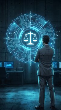 A businessman in a suit stands before a glowing blue digital projection of a legal scale inside a circular circuit board pattern display