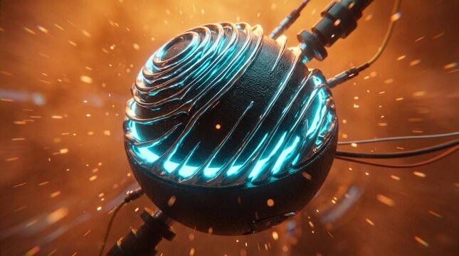 Glowing blue energy sphere with electric filaments on reflective dark surface in sci-fi lab setting