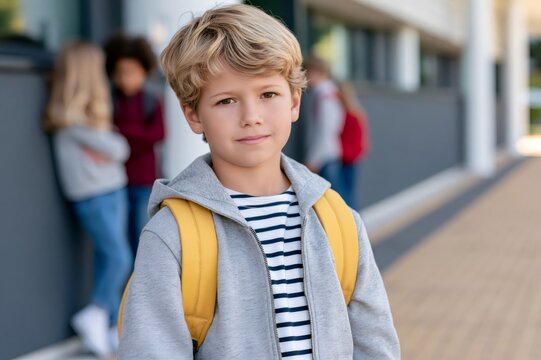 Young boy student wearing backpack standing at school