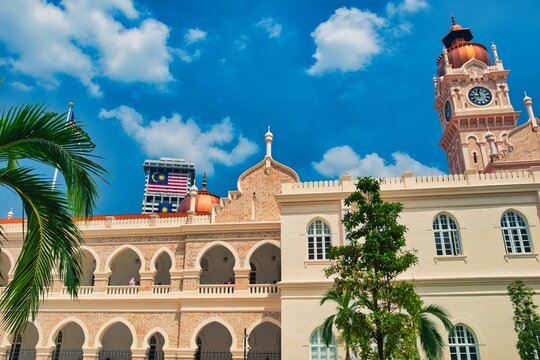 KUALA LUMPUR, MALAYSIA - AUGUST 22, 2026: The iconic Sultan Abdul Samad Building, one of Kuala Lumpur's most recognisable heritage sites facing Dataran Merdeka. On a hot sunny day during wet season.