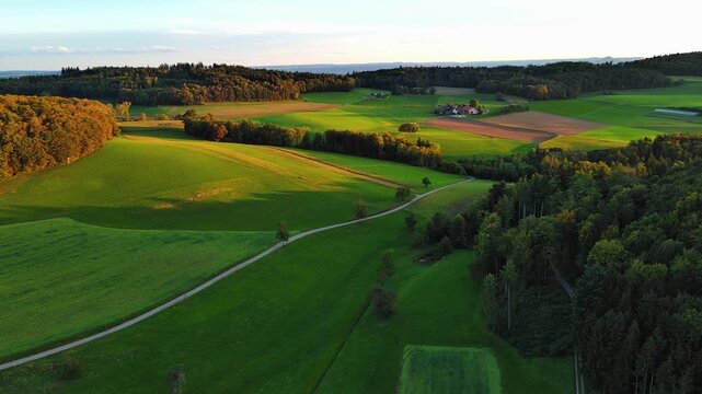 Aerial View of Scenic Rural Landscape at Golden Hour Sunset