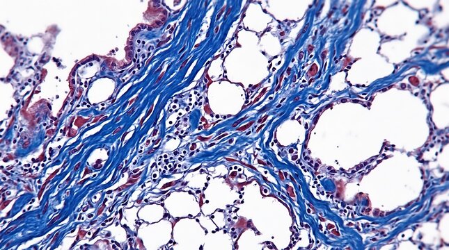 Microscopic view of lung tissue showing alveoli and connective fibers stained blue with medical science cellular structure respiratory system tissue sample blue stain human anatomy medical illus